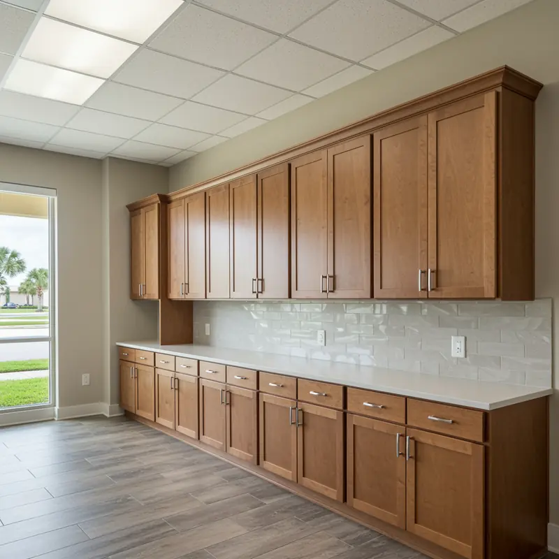 Built-in custom wood cabinets in a modern business interior in Bayshore Gardens, FL