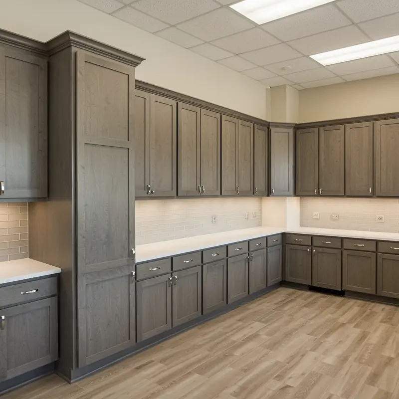 Modern wood cabinets with chrome hardware in a bright commercial space in Bayshore Gardens, FL