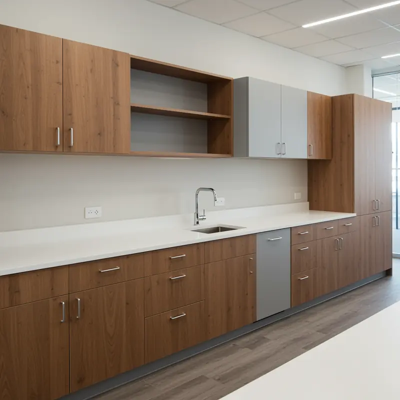 Custom wood cabinets in a modern office breakroom in Bayshore Gardens, FL
