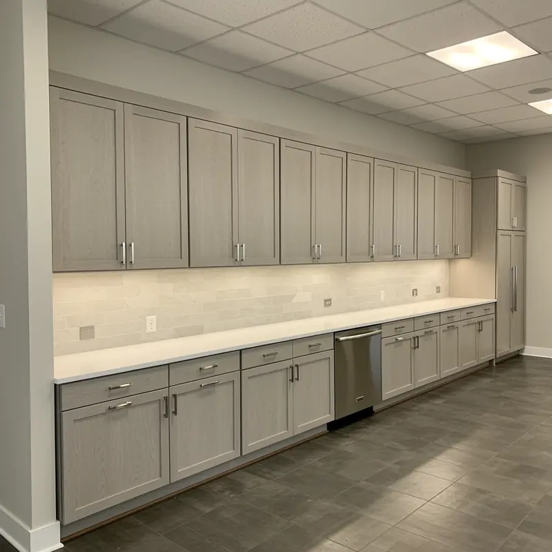Finished wood cabinets with contemporary hardware in a modern business space in West Samoset, FL