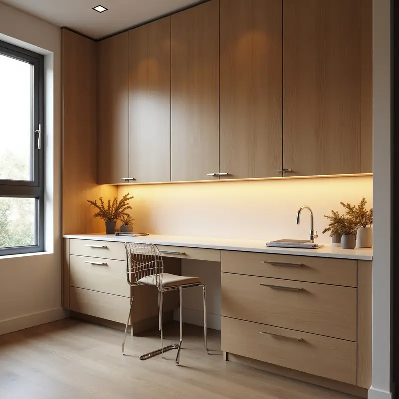 Office kitchenette with wood cabinetry and desk