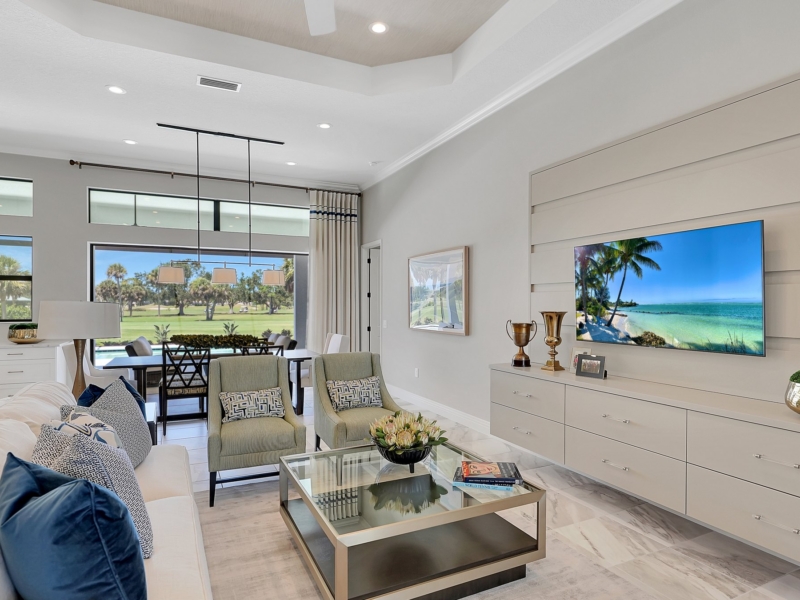 Living room with a white built-in media console
