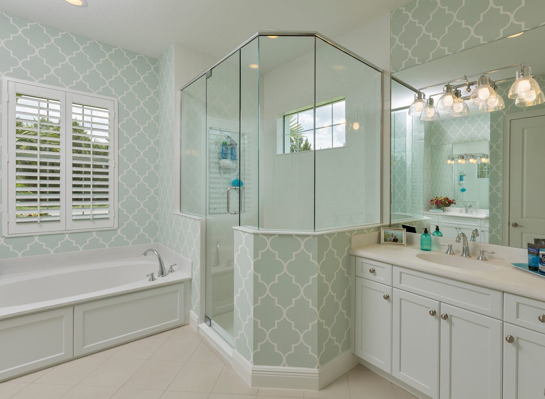 Transitional Custom Bathroom with White Custom Cabinets and matching shower trim