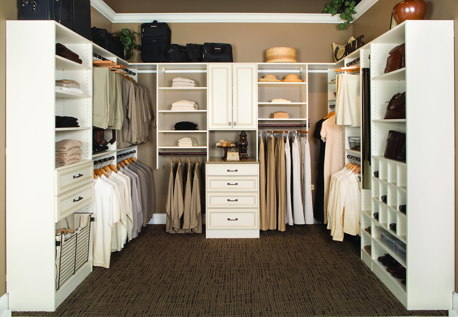 Transitional Ivory His and Hers Custom Closet